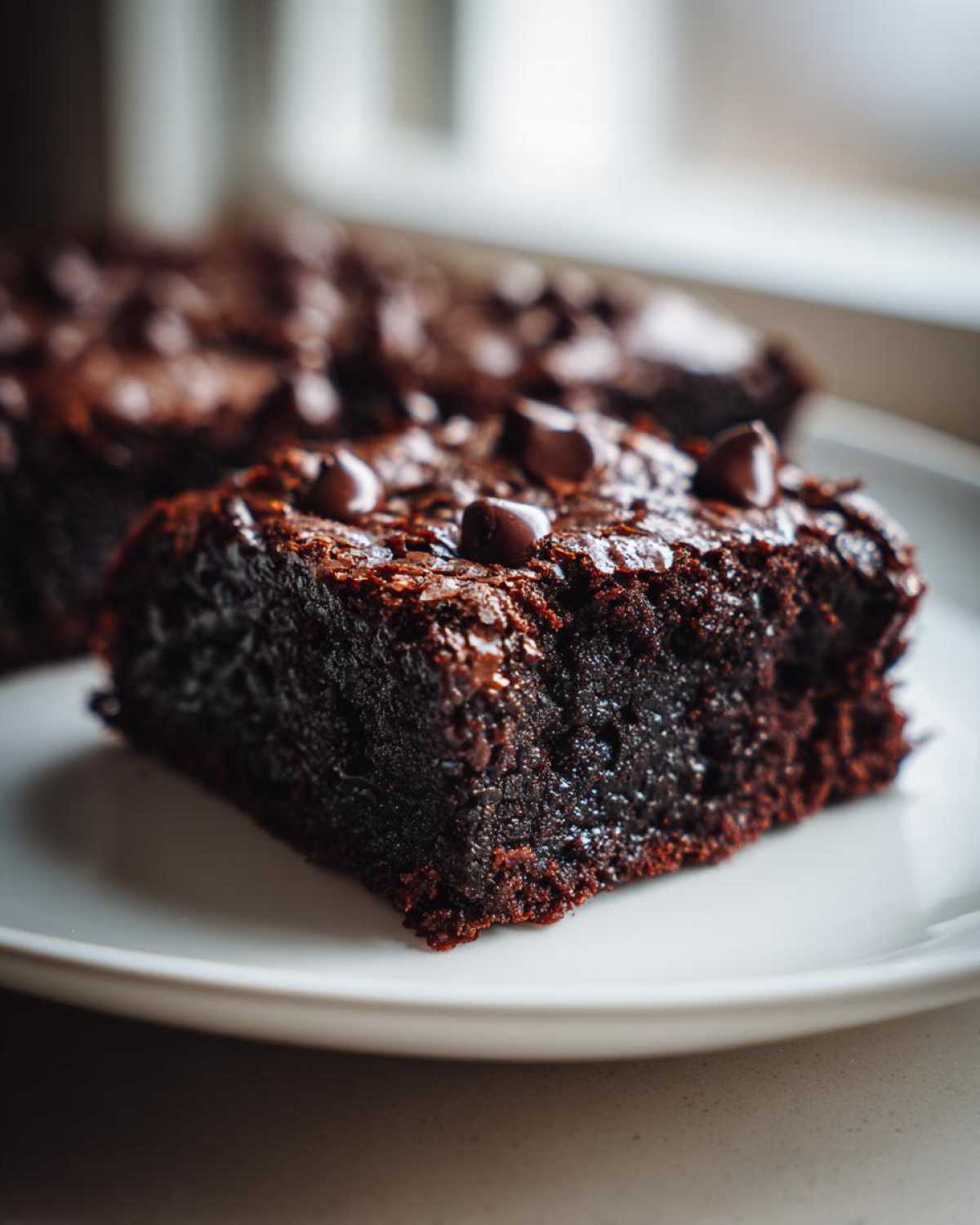 Close-up of a fudgy, dark chocolate gingerbread brownies square topped with chocolate chips on a white plate.