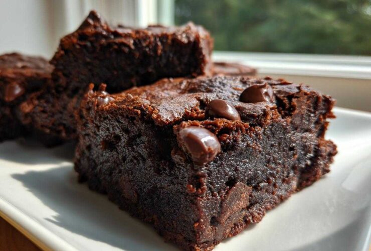 Close-up of fudgy gingerbread brownies bites topped with melted chocolate chips on a white plate.