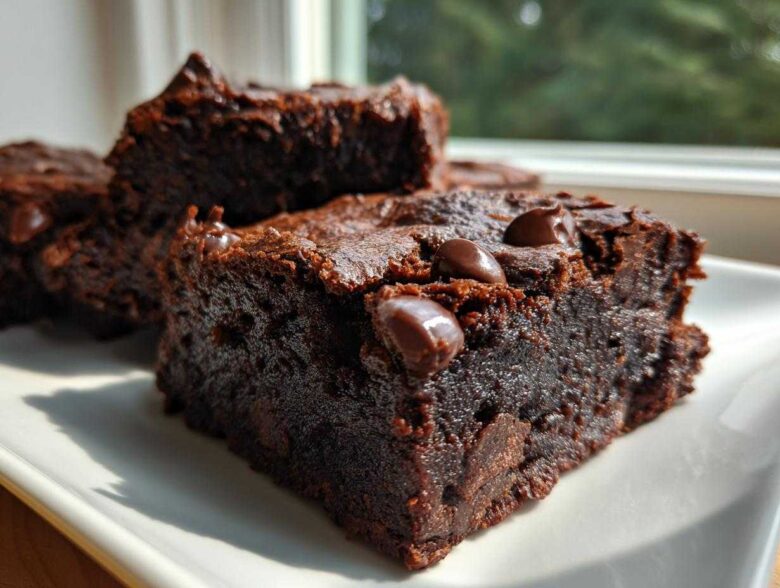 Close-up of fudgy gingerbread brownies bites topped with melted chocolate chips on a white plate.