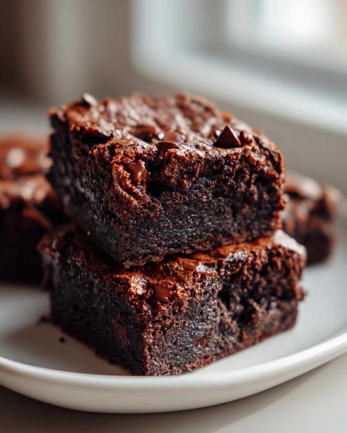 Close-up of two fudgy gingerbread brownies stacked on a white plate, topped with melted chocolate chips.