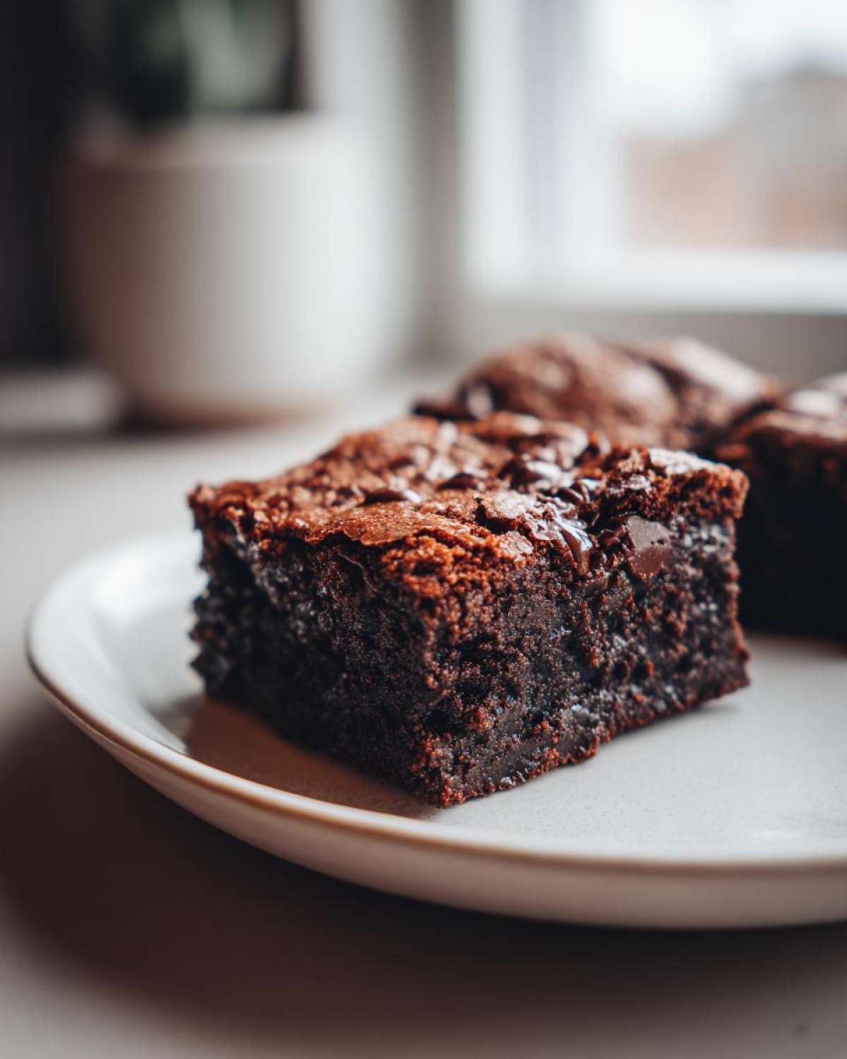 Close-up of a fudgy, dark chocolate gingerbread brownies square on a light plate.
