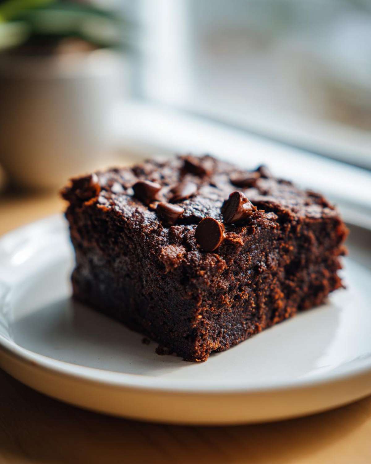 A close-up of a fudgy, dark square of gingerbread brownies topped with chocolate chips on a white plate.