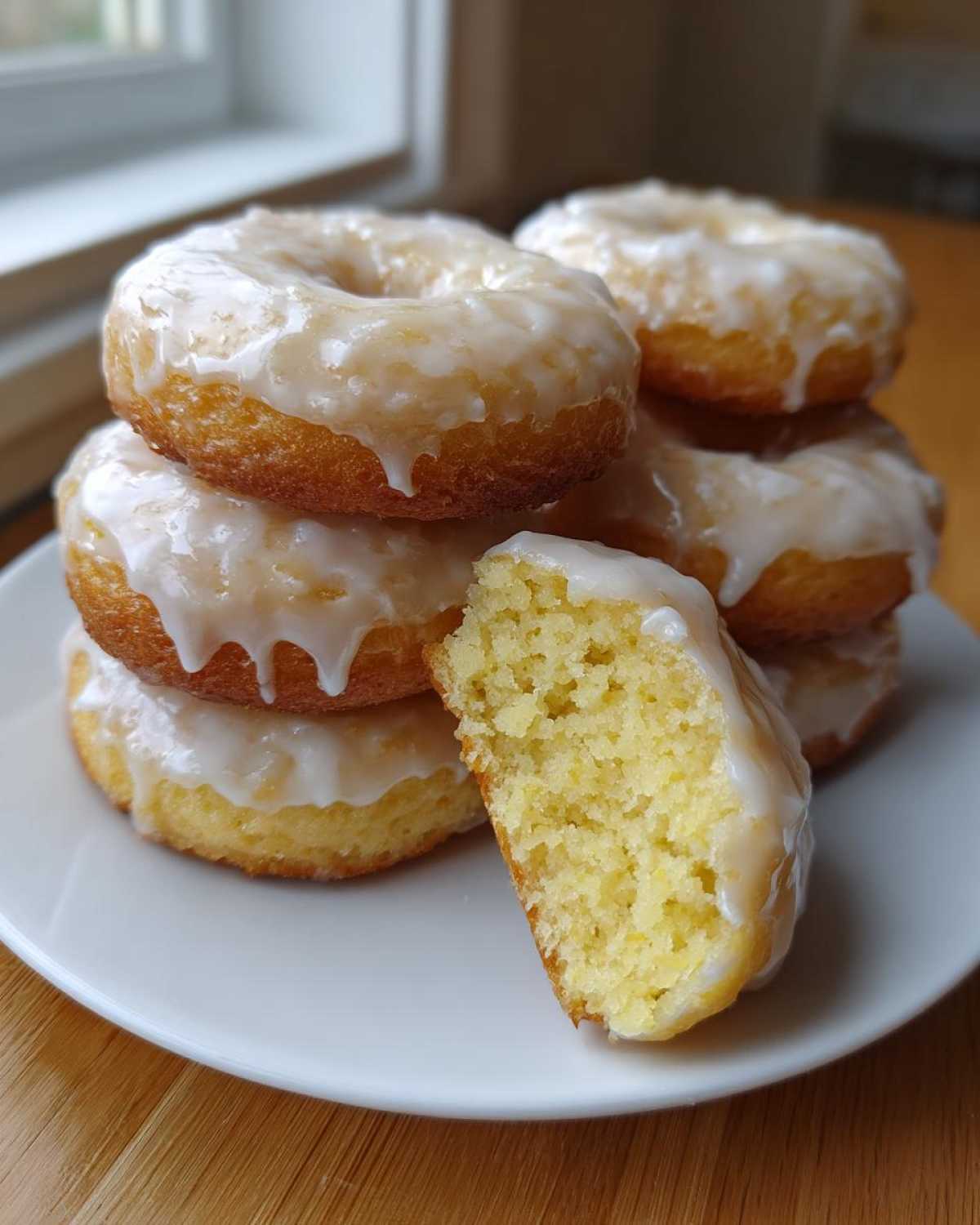 Stack of glazed baked donuts, one is broken open showing the moist interior of the Gluten-Free Lemon Ricotta Cookies recipe.