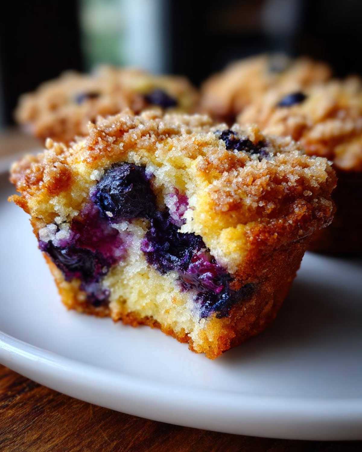 Cross-section of a moist Gluten-Free Blueberry Lemon Muffin Top showing burst blueberries and a crumb topping.
