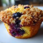 A close-up of a single, golden Gluten-Free Blueberry Lemon Muffin Top with a crumbly brown sugar topping and visible juicy blueberries.