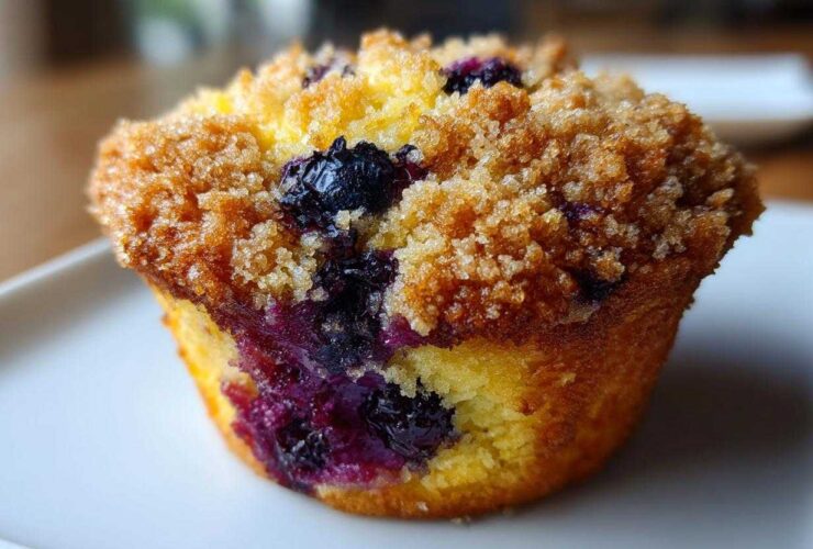 A close-up of a single, golden Gluten-Free Blueberry Lemon Muffin Top with a crumbly brown sugar topping and visible juicy blueberries.