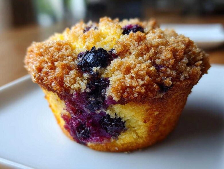 A close-up of a single, golden Gluten-Free Blueberry Lemon Muffin Top with a crumbly brown sugar topping and visible juicy blueberries.