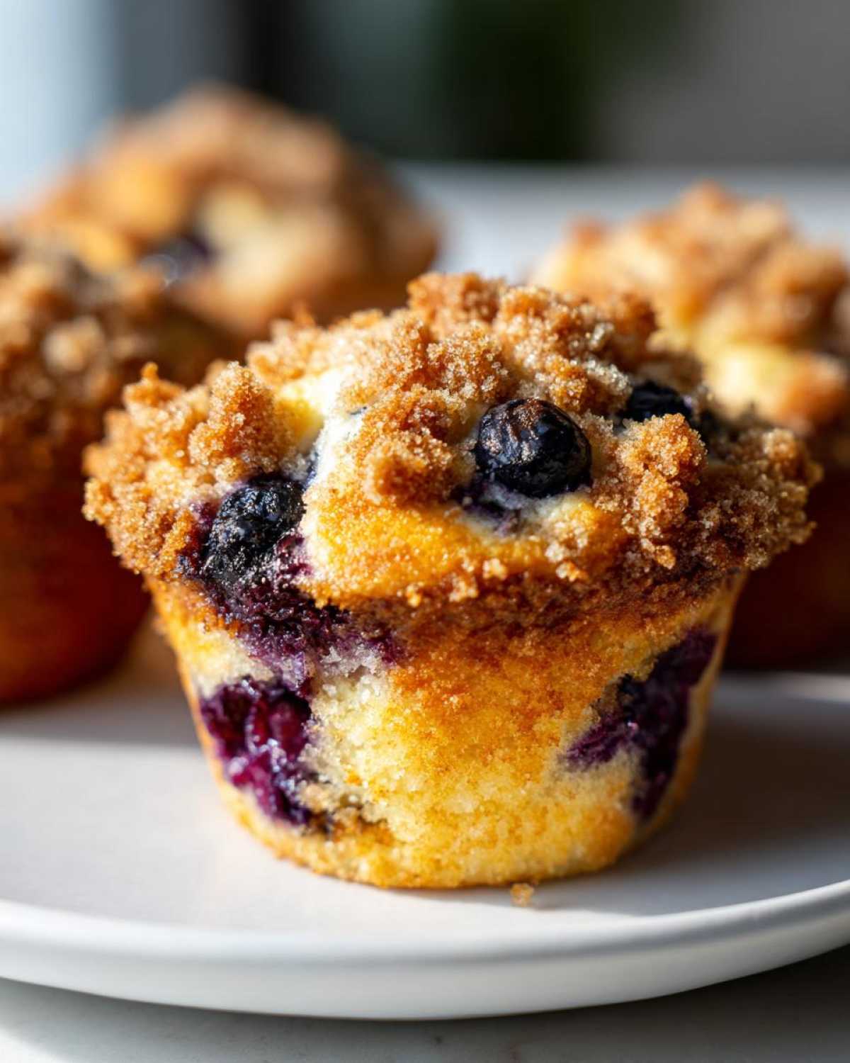 A close-up of a Gluten-Free Blueberry Lemon Muffin Top featuring a crumb topping and bursting blueberries.