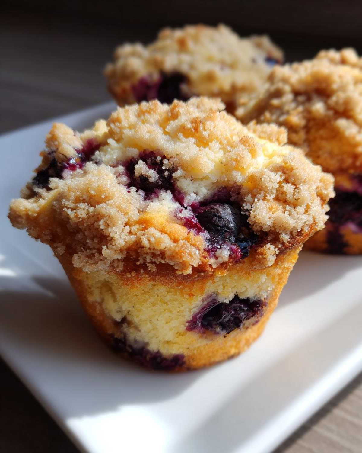 A close-up of a freshly baked Gluten-Free Blueberry Lemon Muffin Top with a crumbly streusel topping and visible blueberries.
