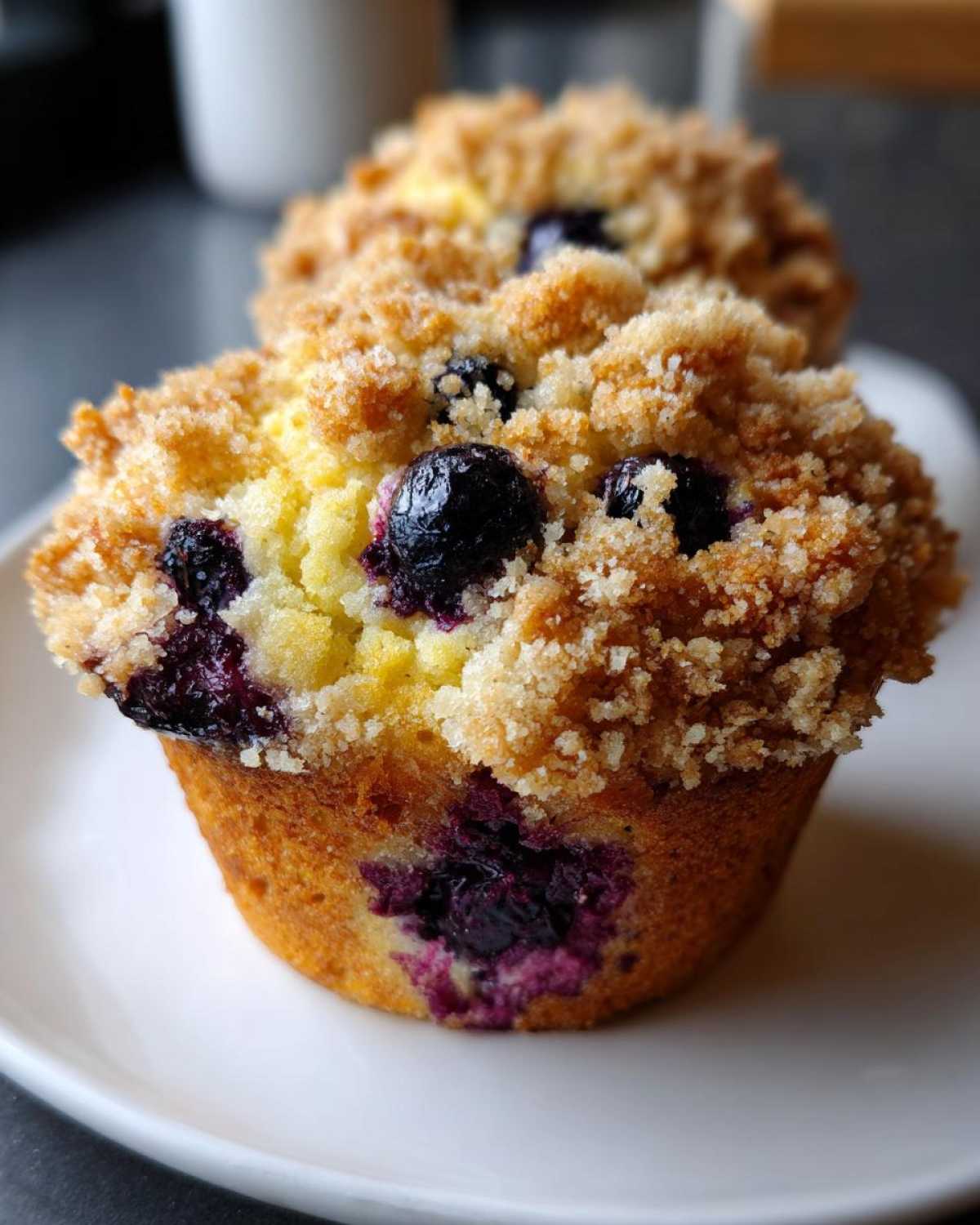 Close-up of a Gluten-Free Blueberry Lemon Muffin Top with a thick, sugary crumb topping and visible blueberries.