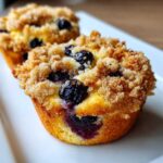 Close-up of a delicious Gluten-Free Blueberry Lemon Muffin Top with a crumbly streusel topping and juicy blueberries.