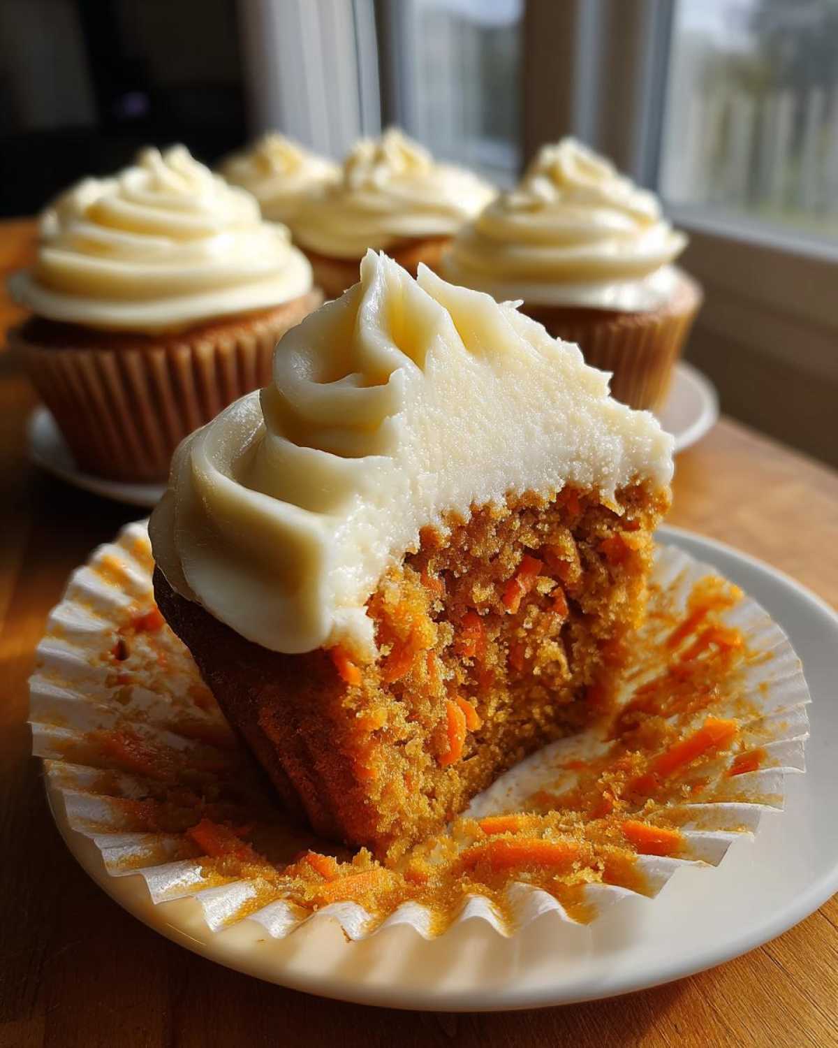 Close-up of a Gluten-Free Carrot Cake Cupcakes cut in half showing moist crumb and cream cheese frosting.