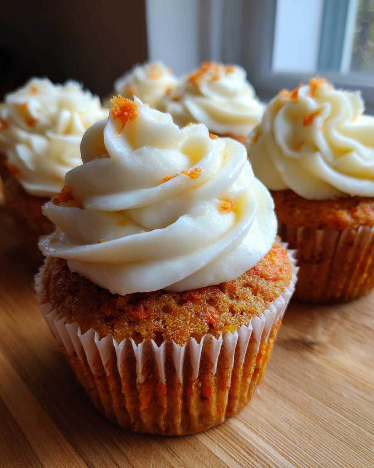 Close-up of Gluten-Free Carrot Cake Cupcakes topped with swirled cream cheese frosting and orange zest.