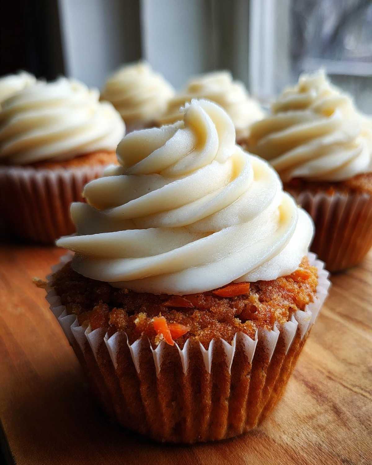 A close-up of a Gluten-Free Carrot Cake Cupcakes topped with thick cream cheese frosting.