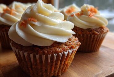 Close-up of moist Gluten-Free Carrot Cake Cupcakes topped with thick cream cheese frosting and shredded carrots.