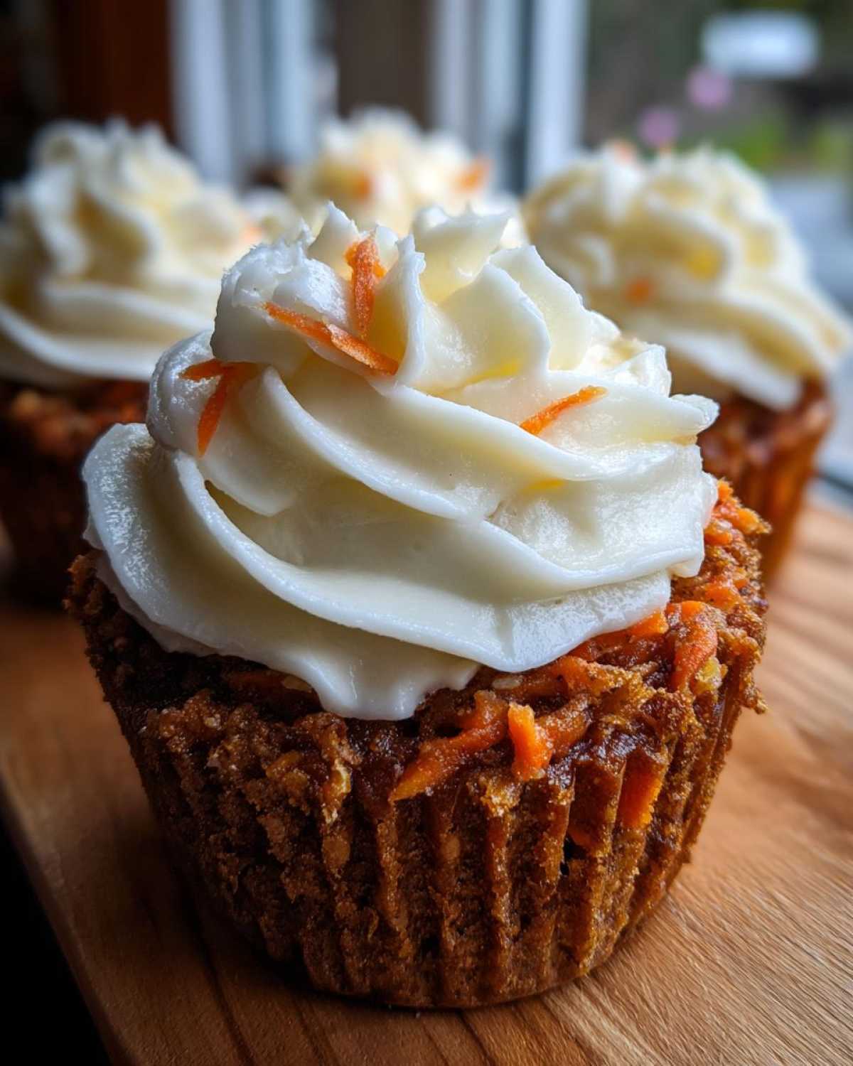 Close-up of a Gluten-Free Carrot Cake Cupcake topped with swirled cream cheese frosting and shredded carrots.