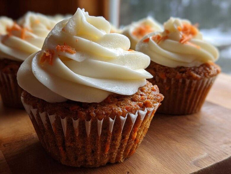 Close-up of moist Gluten-Free Carrot Cake Cupcakes topped with thick cream cheese frosting and shredded carrots.