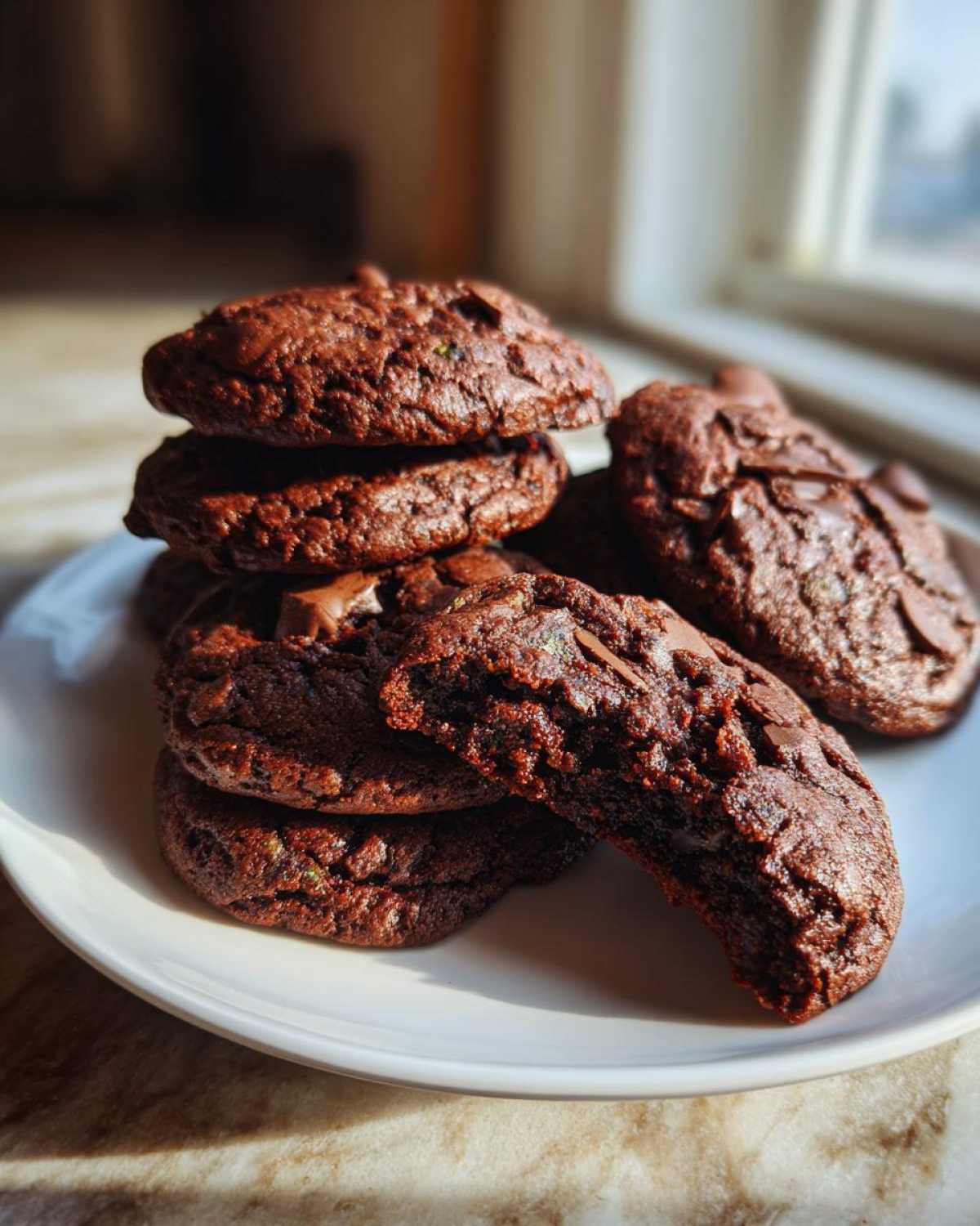 A stack of rich, dark Gluten-Free Chocolate Mint Cookies on a white plate, with one cookie broken open showing a fudgy interior.