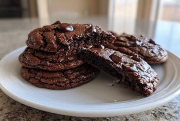 A stack of rich, dark Gluten-Free Chocolate Mint Cookies on a white plate, one cookie broken open to show the fudgy interior and melted chocolate chips.