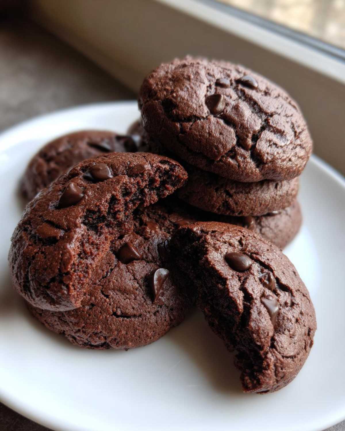 A stack of fudgy Gluten-Free Chocolate Mint Cookies on a white plate, one cookie is broken open.