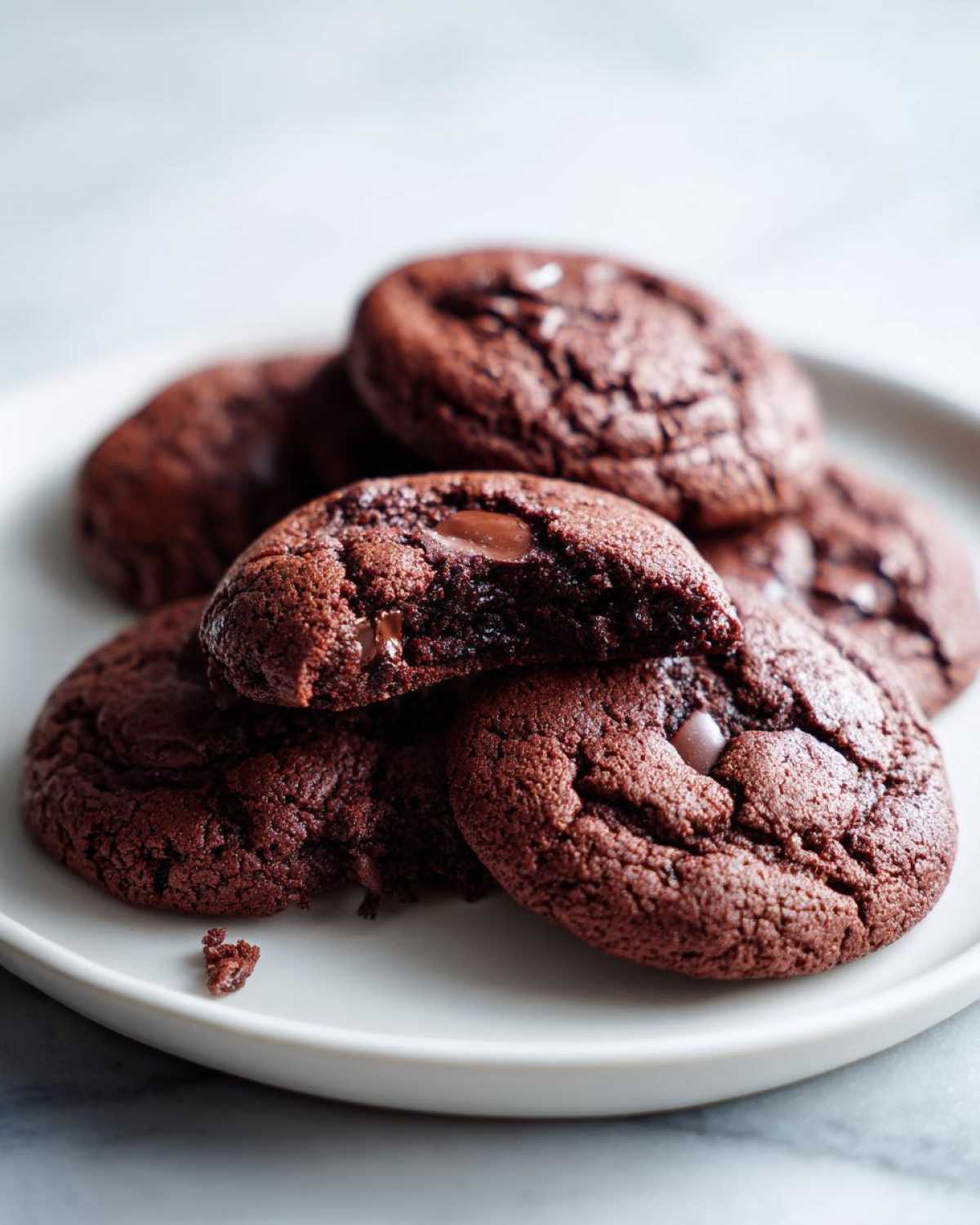 A stack of rich, dark Gluten-Free Chocolate Mint Cookies on a white plate, one broken open showing a gooey center.