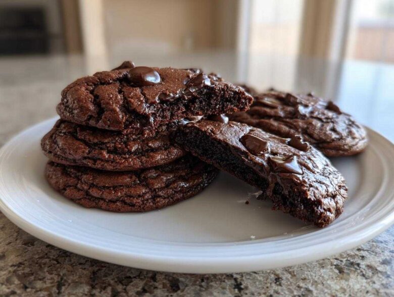 A stack of rich, dark Gluten-Free Chocolate Mint Cookies on a white plate, one cookie broken open to show the fudgy interior and melted chocolate chips.