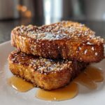 Two slices of golden Gluten-Free Cinnamon Crunch French Toast stacked, drizzled with syrup and powdered sugar.