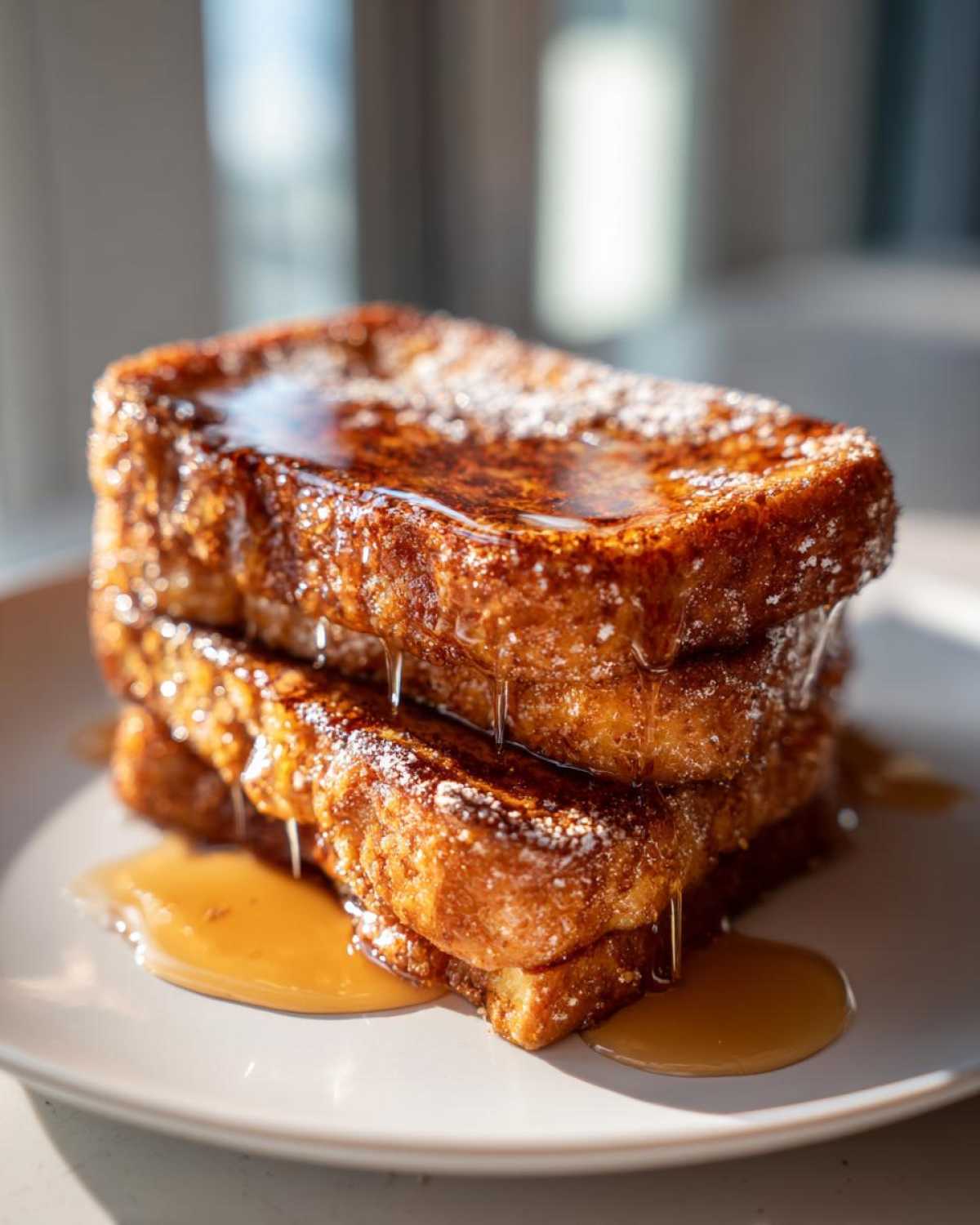 A tall stack of golden brown Gluten-Free Cinnamon Crunch French Toast drizzled heavily with syrup and dusted with powdered sugar.