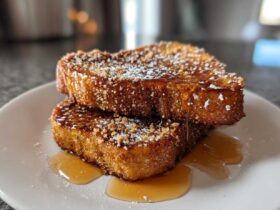 Two slices of golden Gluten-Free Cinnamon Crunch French Toast stacked, drizzled with syrup and powdered sugar.