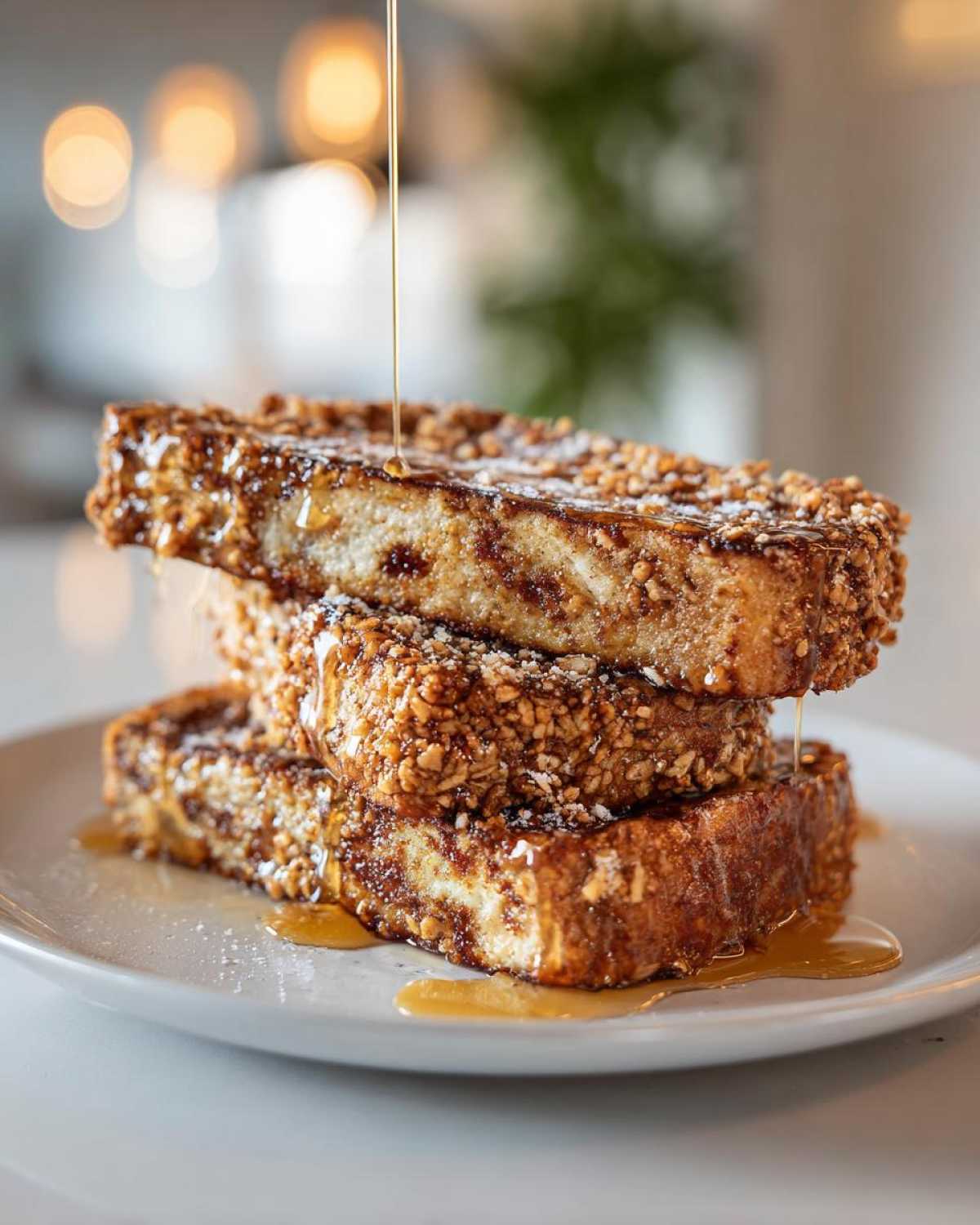 Three slices of Gluten-Free Cinnamon Crunch French Toast stacked high, drizzled with syrup.