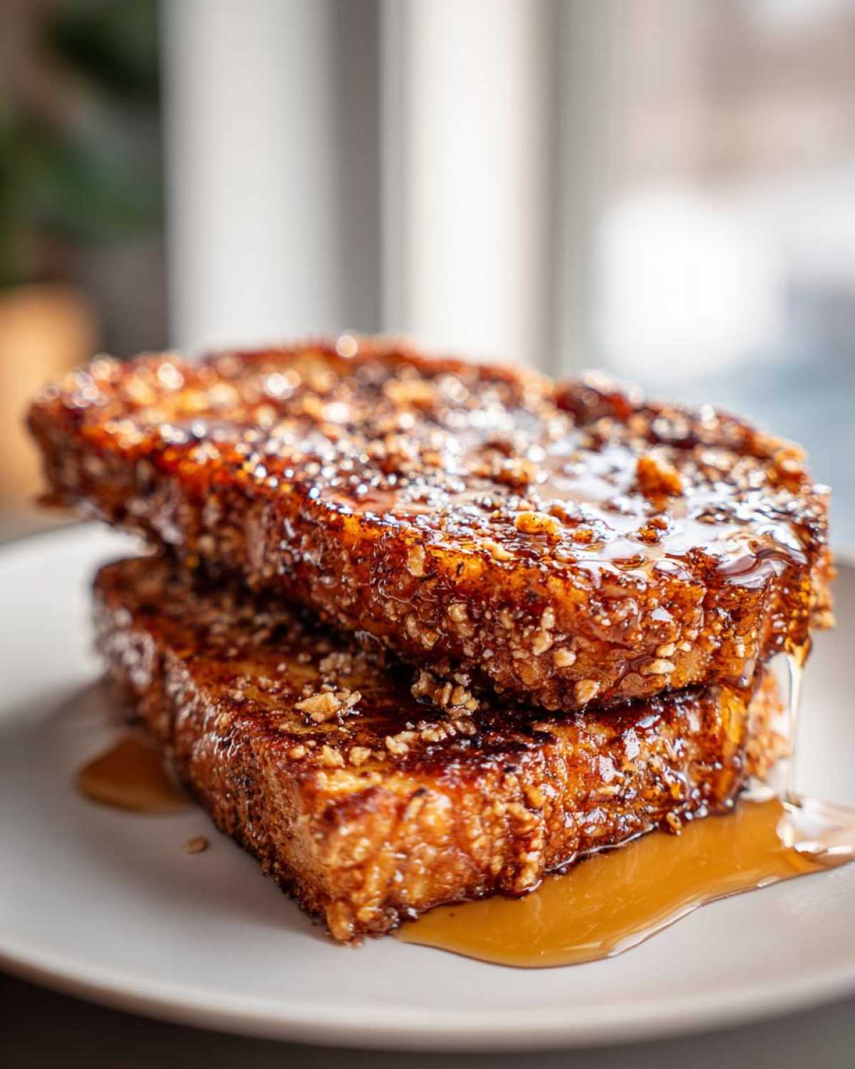 Two thick slices of Gluten-Free Cinnamon Crunch French Toast stacked and drizzled heavily with syrup.