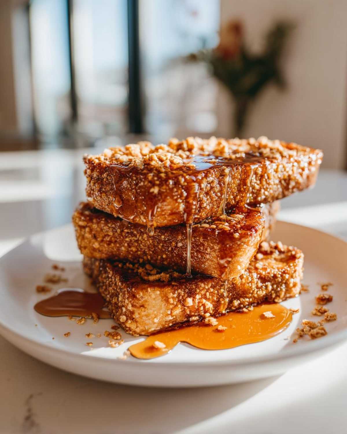 A stack of three thick slices of Gluten-Free Cinnamon Crunch French Toast drizzled heavily with maple syrup.