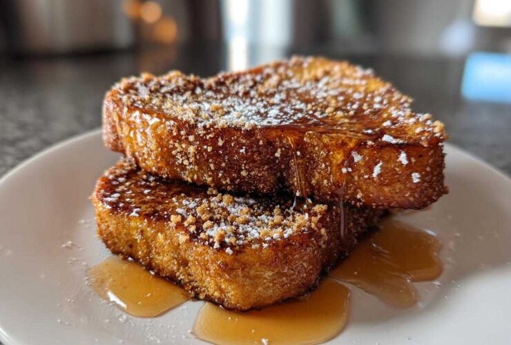 Two slices of golden Gluten-Free Cinnamon Crunch French Toast stacked, drizzled with syrup and powdered sugar.