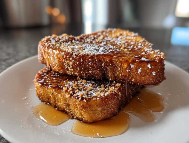 Two slices of golden Gluten-Free Cinnamon Crunch French Toast stacked, drizzled with syrup and powdered sugar.