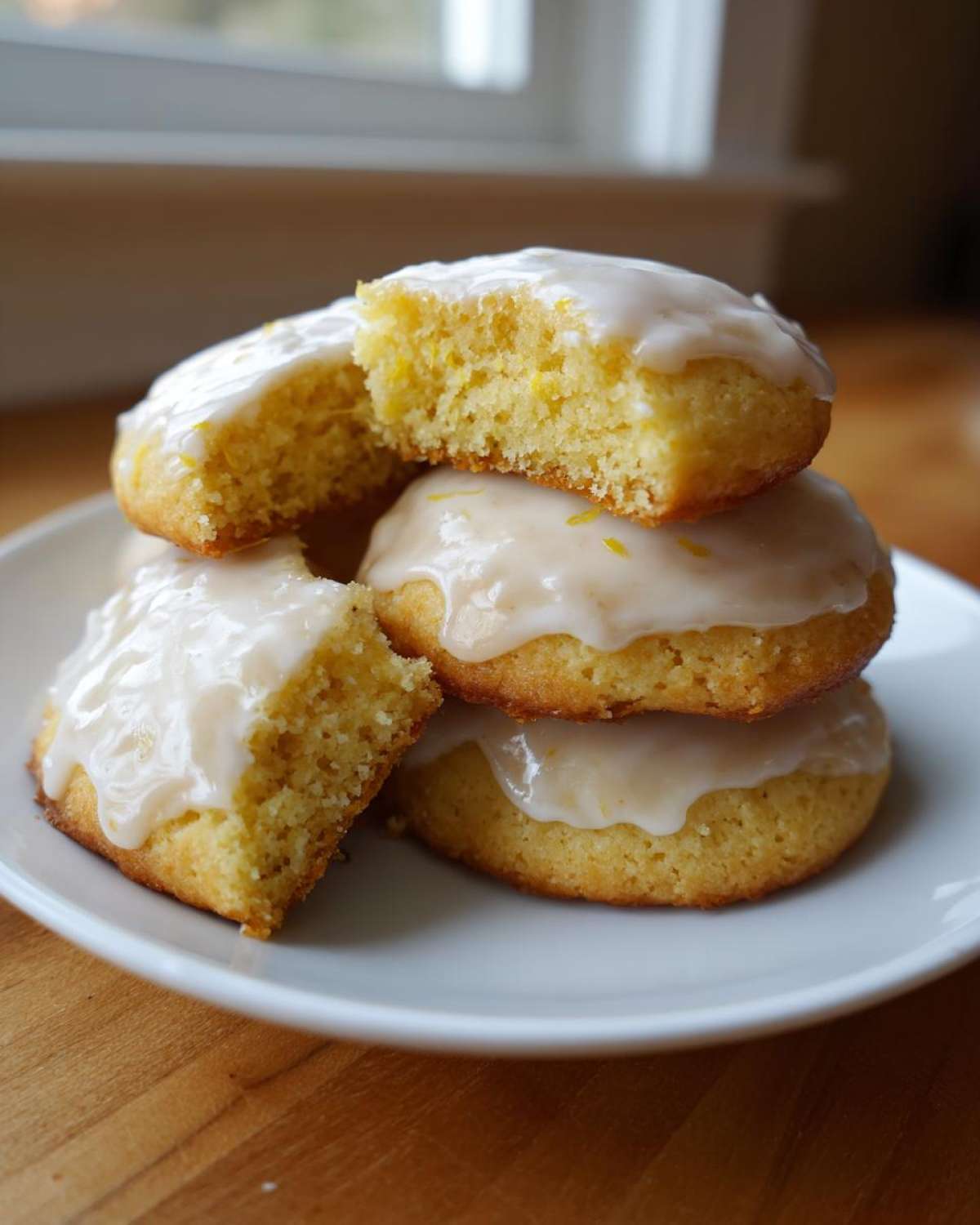 A stack of four soft Gluten-Free Lemon Ricotta Cookies topped with a thick lemon glaze, one cookie broken open.