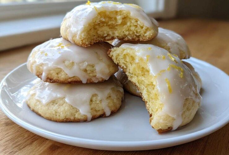 A stack of soft Gluten-Free Lemon Ricotta Cookies topped with a white lemon glaze and zest.