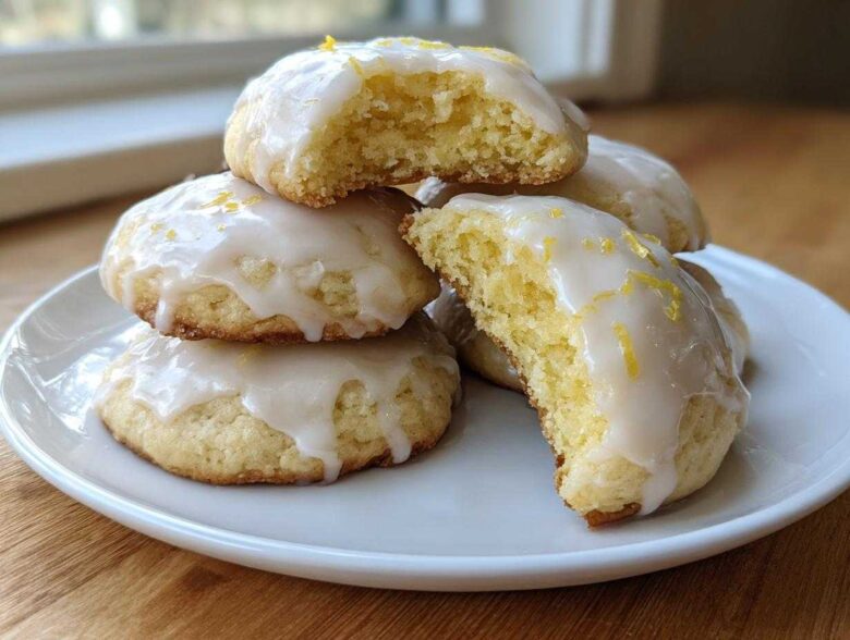 A stack of soft Gluten-Free Lemon Ricotta Cookies topped with a white lemon glaze and zest.