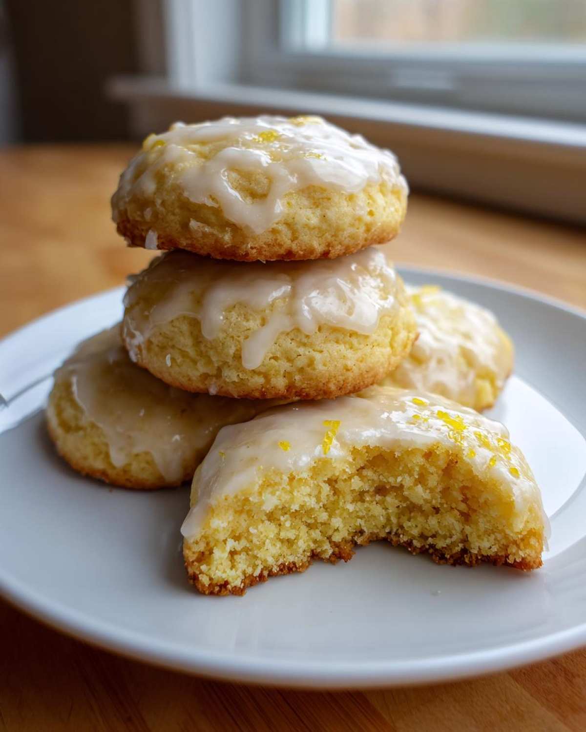 A stack of soft Gluten-Free Lemon Ricotta Cookies topped with a lemon glaze and zest.