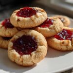 A stack of Gluten-Free Raspberry Almond Thumbprint Cookies topped with bright red jam and sliced almonds on a white plate.