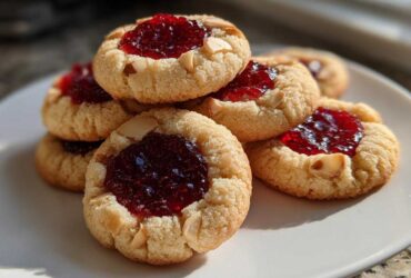 A stack of Gluten-Free Raspberry Almond Thumbprint Cookies topped with bright red jam and sliced almonds on a white plate.