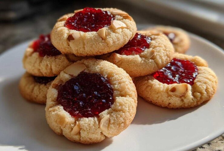 A stack of Gluten-Free Raspberry Almond Thumbprint Cookies topped with bright red jam and sliced almonds on a white plate.