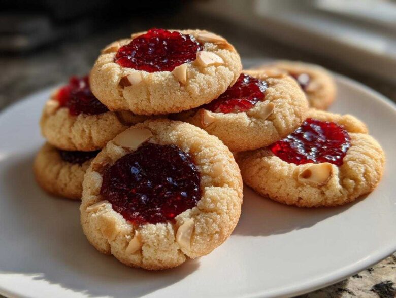 A stack of Gluten-Free Raspberry Almond Thumbprint Cookies topped with bright red jam and sliced almonds on a white plate.
