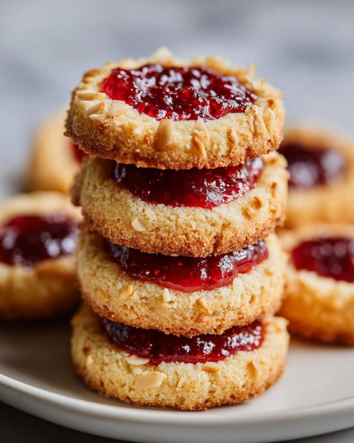 A close-up stack of four Gluten-Free Raspberry Almond Thumbprint Cookies filled with bright red jam.