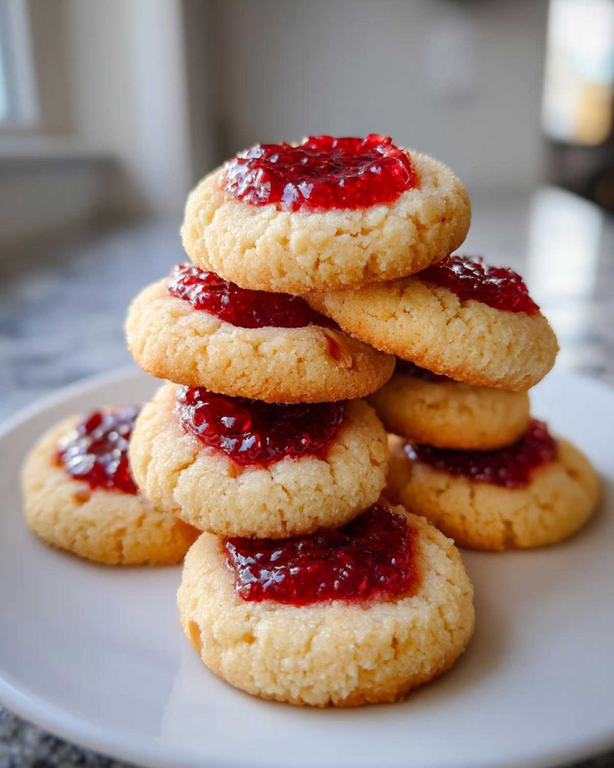A stack of golden Gluten-Free Raspberry Almond Thumbprint Cookies topped with bright red jam on a white plate.