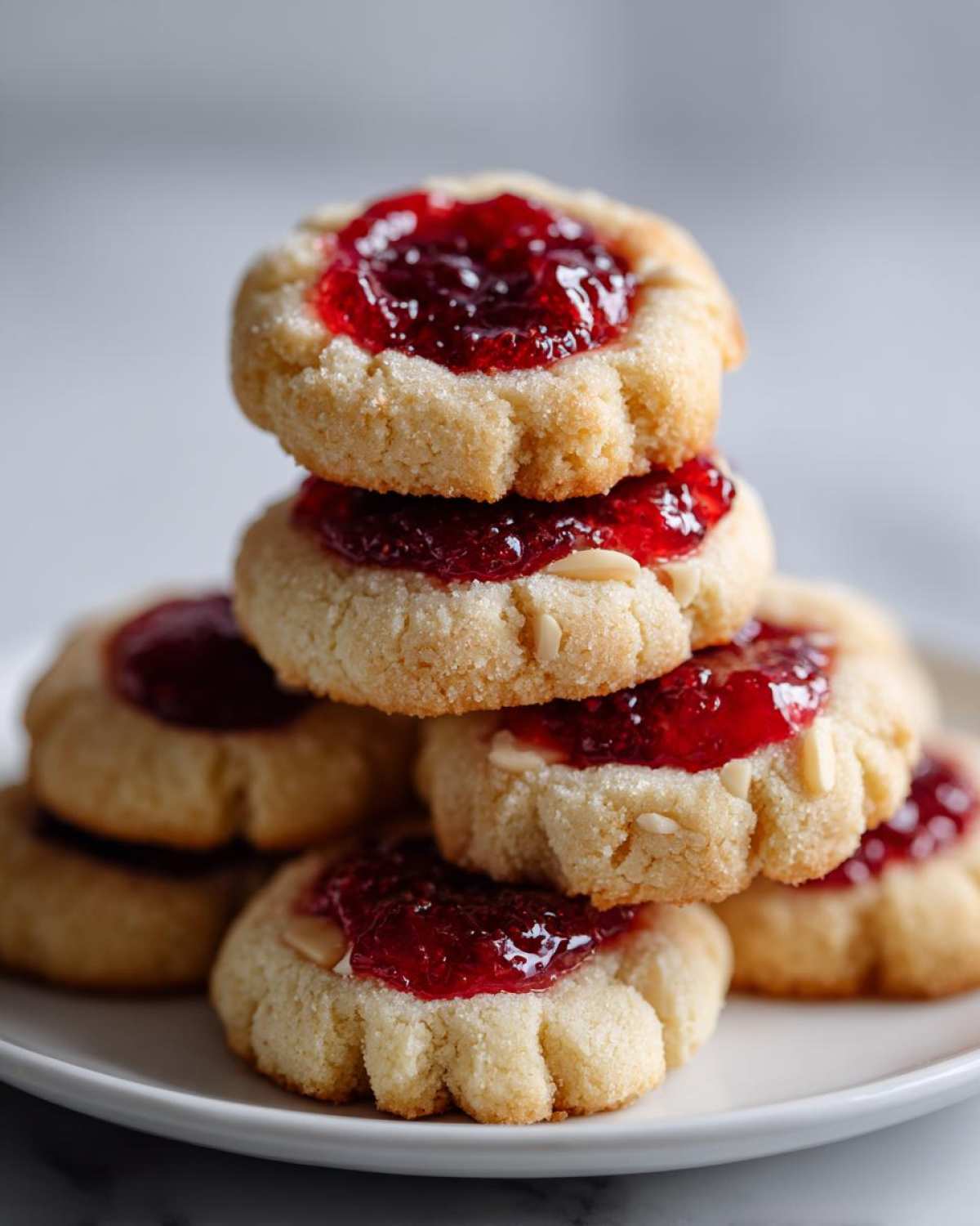 A stack of Gluten-Free Raspberry Almond Thumbprint Cookies topped with bright red jam on a white plate.