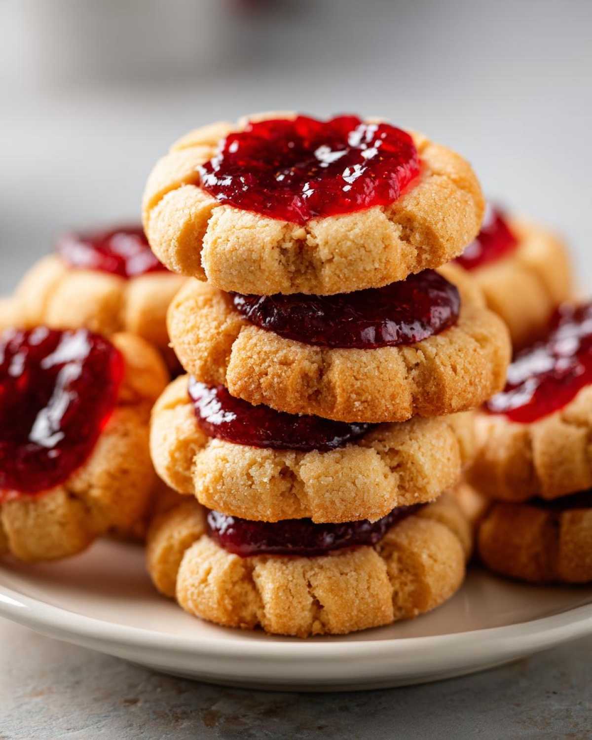 Close-up of a stack of Gluten-Free Raspberry Almond Thumbprint Cookies filled with bright red jam.