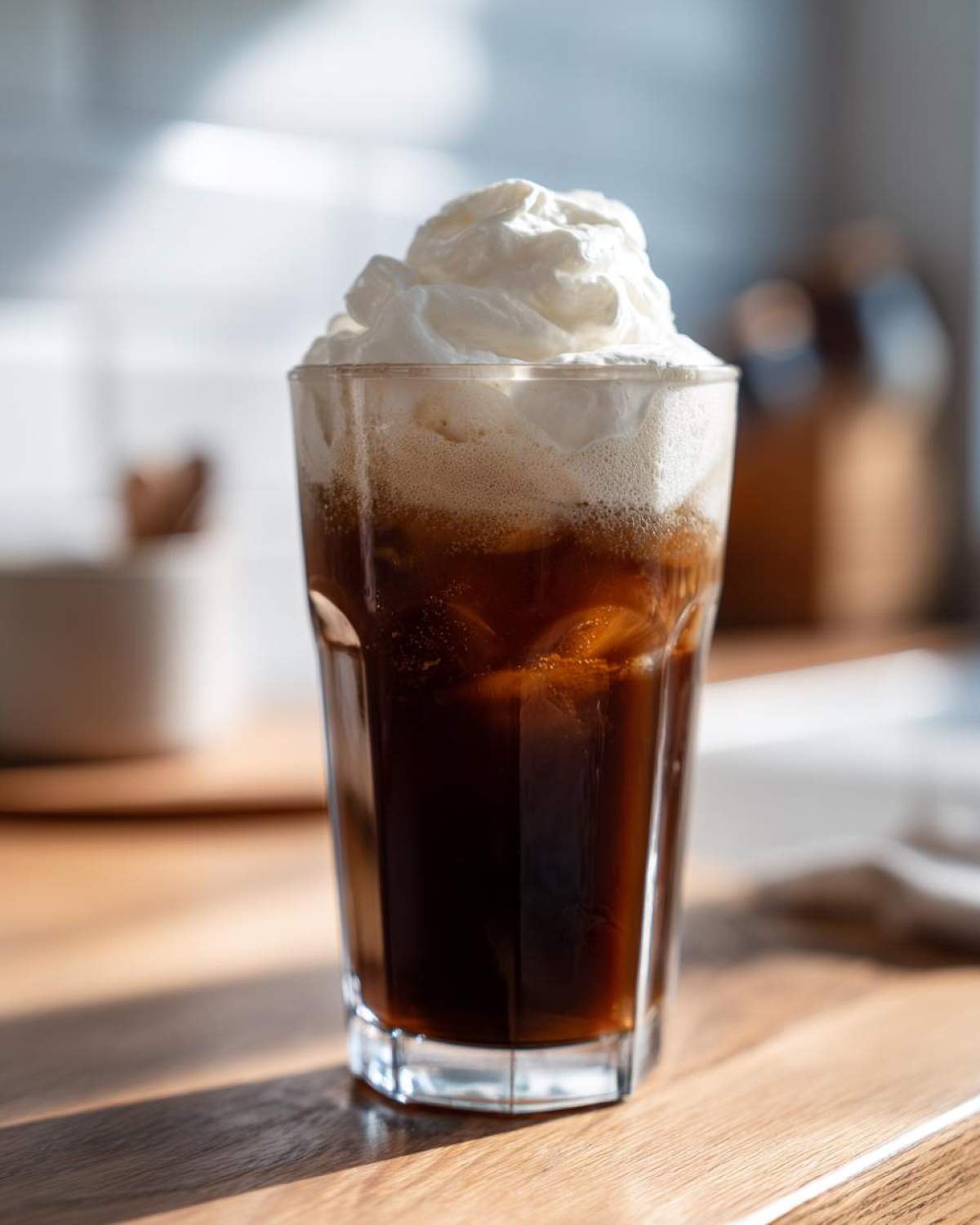 A tall glass of iced coffee topped generously with Copycat Starbucks Vanilla Sweet Cream Cold Foam.