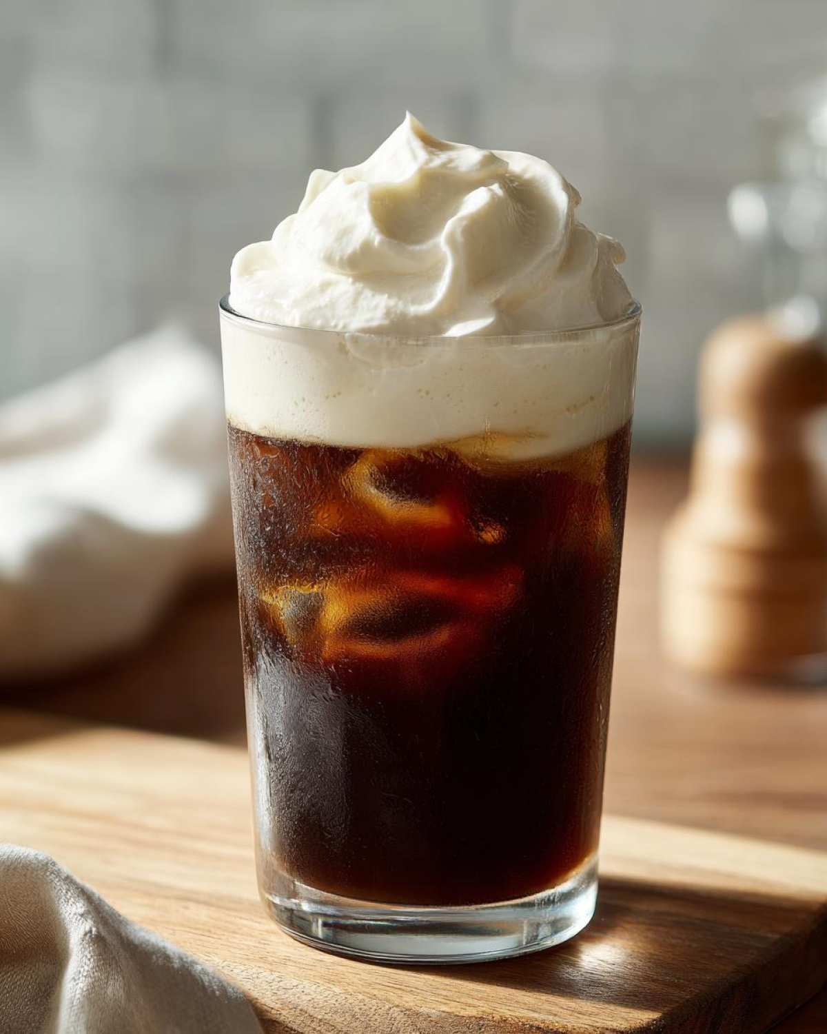 A tall glass of iced coffee topped generously with thick Copycat Starbucks Vanilla Sweet Cream Cold Foam.