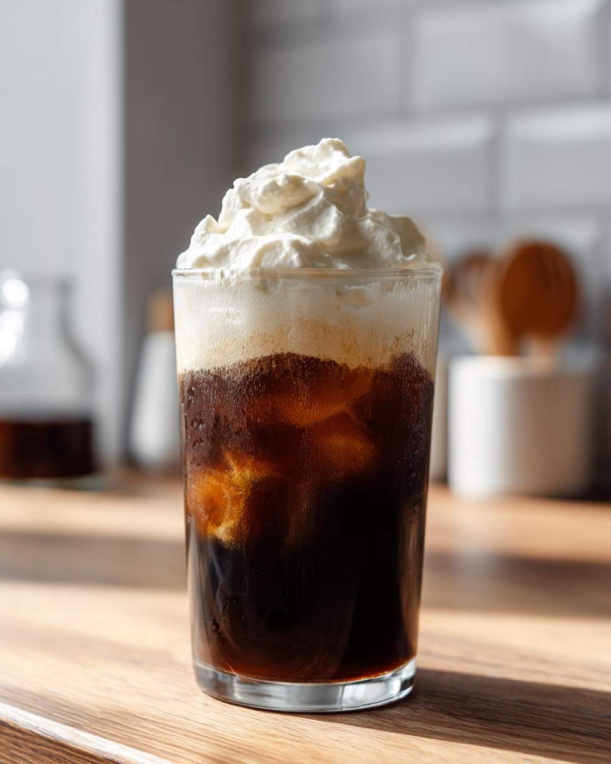 A tall glass of iced coffee topped generously with Copycat Starbucks Vanilla Sweet Cream Cold Foam.