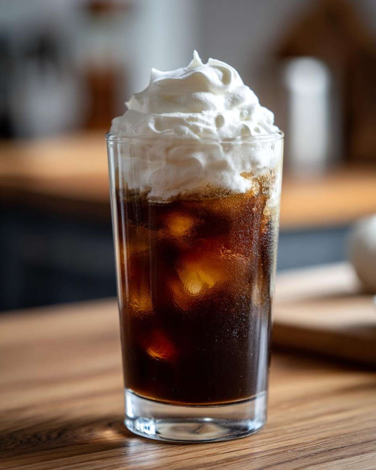 Tall glass of iced coffee topped generously with Copycat Starbucks Vanilla Sweet Cream Cold Foam.